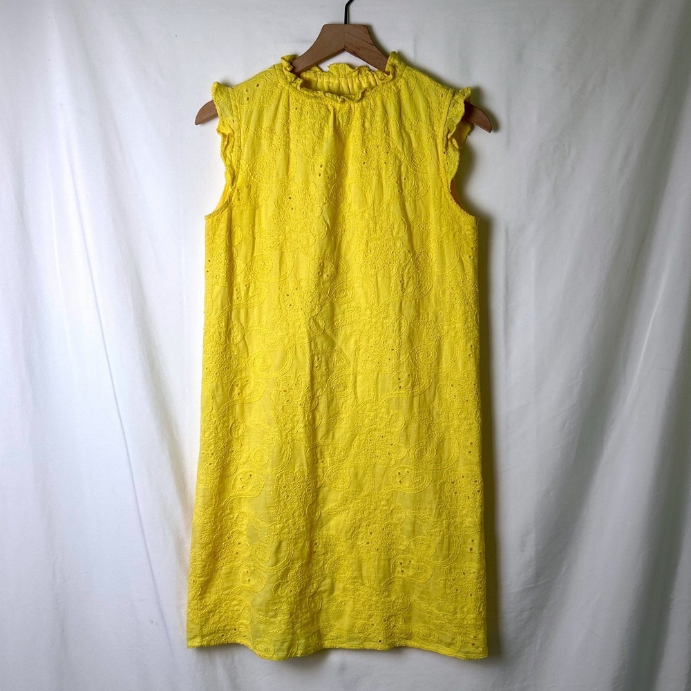 Nanette Lepore Womens Eyelet Ruffle Neck Sleeveless Shift Dress Size 2 Yellow